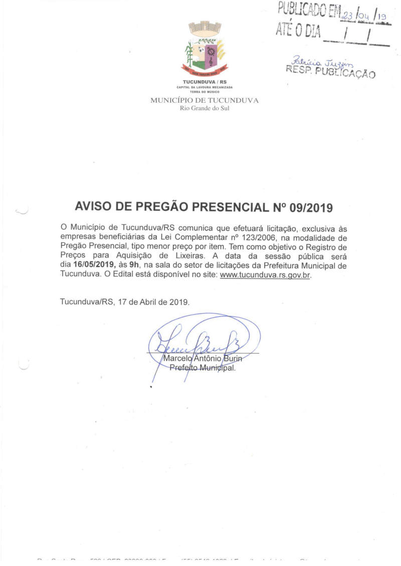 PREGÃO PRESENCIAL Nº 09/2019 - REGISTRO DE PREÇOS PARA AQUISIÇÃO DE LIXEIRAS